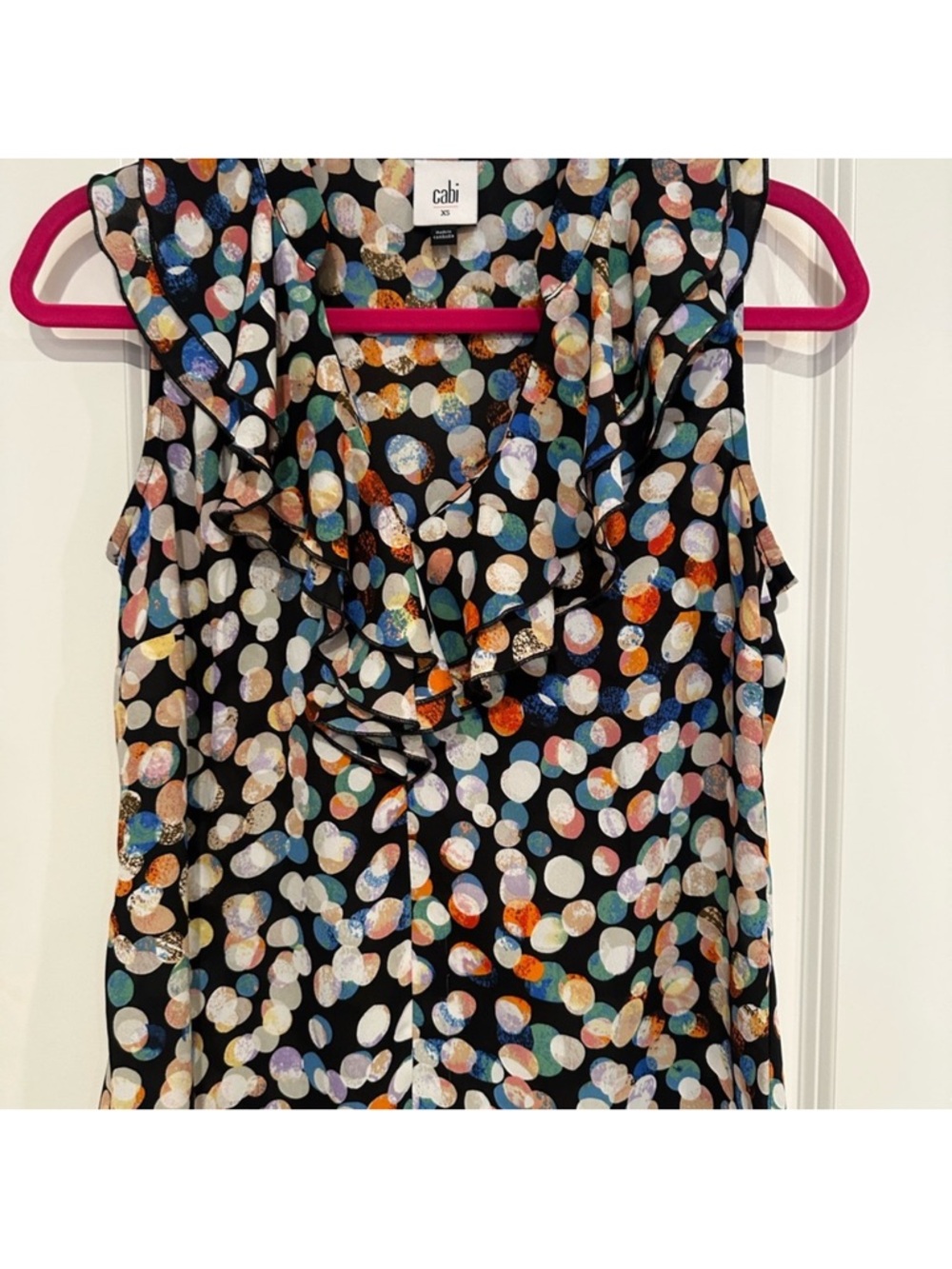 CAbi Black Multi Dot Ruffle-Front Sleeveless Blouse